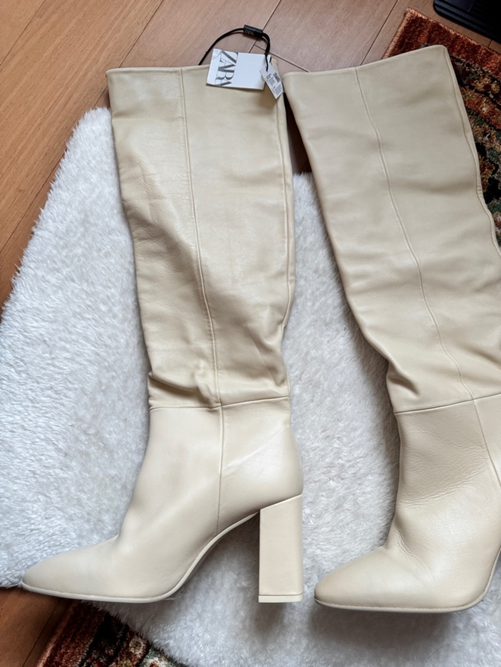 ZARA Cream Knee-High Block Heel Boots